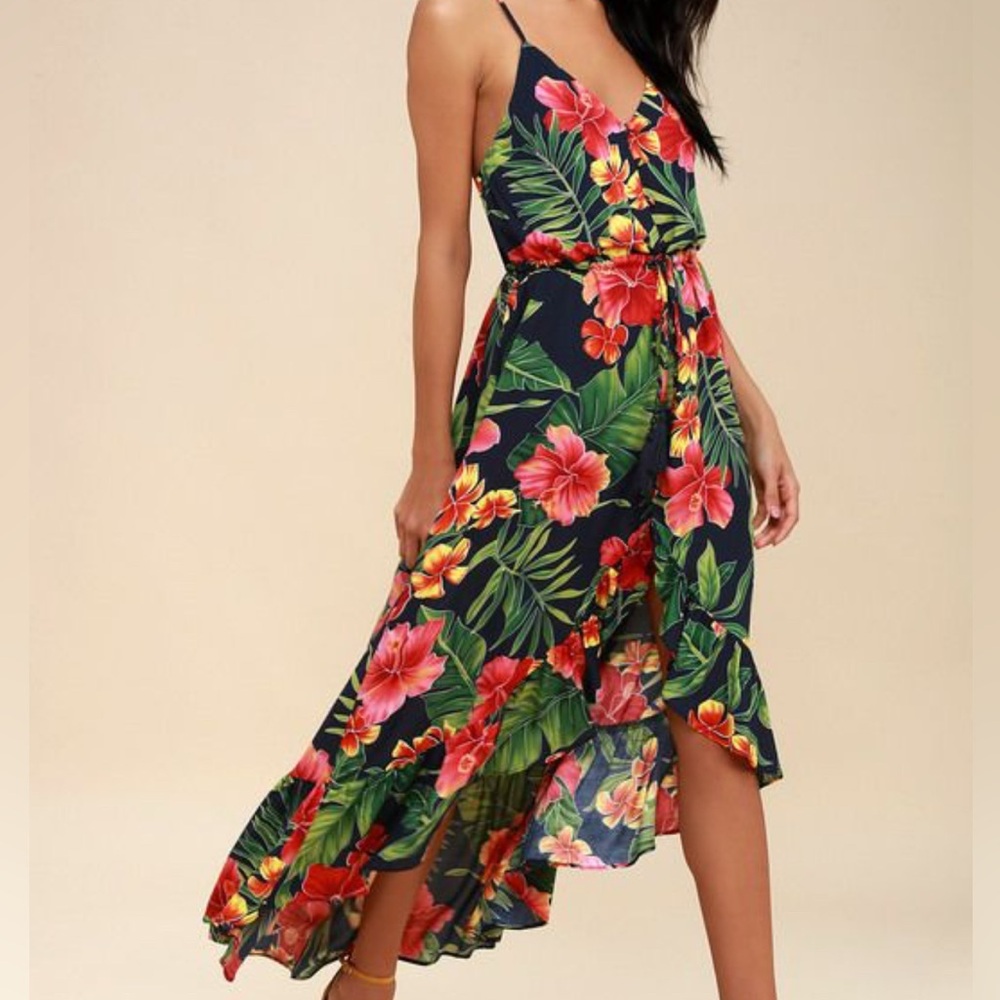 Lulus Pura Vida Navy Blue Tropical Print Button-Up High-Low Midi Dress!